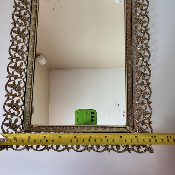 Vintage Ornate Openwork Brass Tone Metal Mirrored Vanity Tray - Picture 13 of 16
